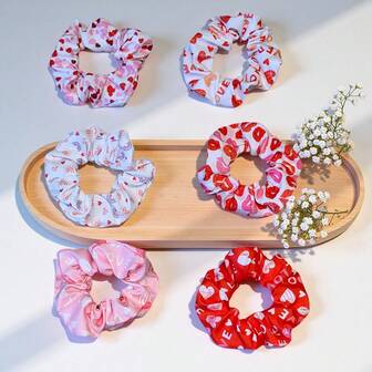 6 st elastiska hårsnoddar för alla hjärtans dag med rosa hjärtan och läpptryck, hästsvanshållare, hårgummiband, hårrep, elastiskt hårband, alla hjärtans dag-accessoarer, present