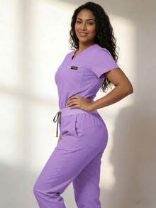 Women's Workwear Set - V-Neck Top And Sports Pants With Zipper Side Pockets, Anti-Pilling Breathable Uniform