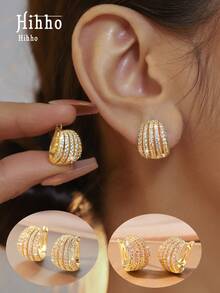 Hihho 1 Pair Fashion Vintage Multilayer Line Zirconia Inlay Hollow Out Stud Earrings, Gold And Silver Color Available, Suitable For Gift, Daily Wear And Party - Earrings - View 11