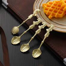 4件套复古鲤鱼/美人鱼咖啡勺、创意贝壳甜点勺、欧式复古鱼形搅拌茶匙、小茶匙、咖啡吧配件