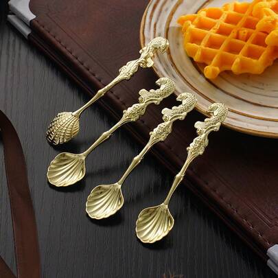 4 st/set vintage karp-/sjöjungfrukaffeskedar, kreativ snäckskal dessertsked, europeisk retro fiskformad omrörningssked, liten tesked, tillbehör till kaffebaren