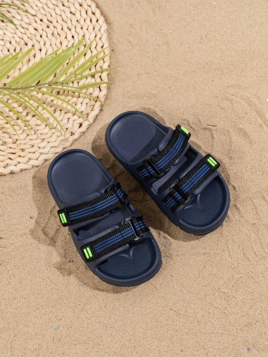 1 Pair Kids/Toddlers Summer EVA Casual Slippers, Soft, Lightweight, Fabric Strap, Hook And Loop, Minimalist, Fashion, Beach, Durable, Vacation Sandals - Blue - View 1