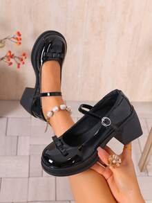 1 Pair Black Bow Mary Jane Shoes For Teenagers, Patent Leather, Thick Heels, Height Increasing Retro, Low Vamp, Strap College Style Small Leather Shoes - Black - View 6