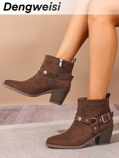 Brown Striped Buckle Western Boots, European & American Style Side Zipper Chunky Heel Square Toe Comfortable Versatile Elegant Vacation Music Festival Street Fashion Daily Office Commute Ankle Boots, All Season