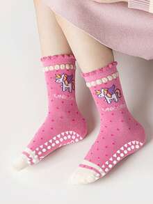 5 Pairs Kids Anti-Slip Rainbow Unicorn Pattern Dotted Floor Socks, Toddler Baby Soft Bottom Indoor Crew Socks With Lace Trim, Suitable For Casual Daily Wear - Multicolor - View 3