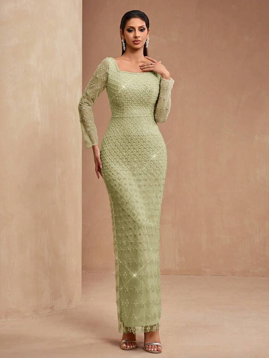 New Luxury Elegant Women's Formal Gown With Sequins, Lace Patchwork, Adjustable Back Tie, Front Slit, Suitable For Formal Events, Parties, Weddings, Red Carpet, Valentine's Day - 淡黃色 - 查看 1