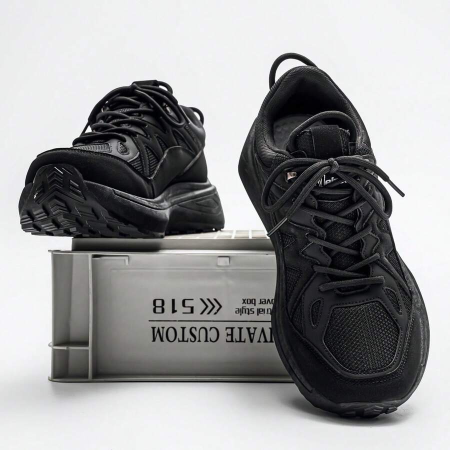 Men's Casual Sneakers, Lace-Up Soft Bottom Flat Comfortable Athletic Shoes, Lightweight Low-Top Daily Casual Outdoor Sports Shoes, Fashionable, Breathable And Lightweight New Thick-Soled Men's Shoes Suitable For Dating, Gathering, Travel, Running - Black - View 1