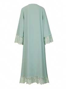 Abayas For Women,Open Abaya Set With Lace Trim, Sleeveless Inner Dress & Chiffon Headscarf - Lightweight, Modest & Breathable For Spring/Summer,Elegant Party Dresses For Women - màu xanh da trời - Xem 4