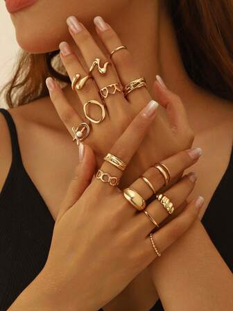 15 Pcs/Set Punk Rings Set For Women Vintage Geometric Rings Set Fashion Personality Jewelry Gifts Match With Daily Outfits, Party Accessories