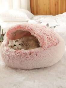 1pc Plush Round Pet Bed, Fluffy Soft Cat Bed, Donut Pet Mat, 2-In-1 Cat Bed For Winter, Warm Sleeping Bag Sofa Pad