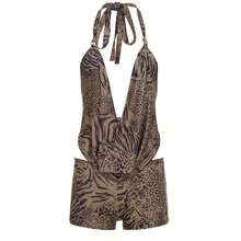 2026  Holiday Women's Leopard Print Deep V Cowl Neck Halter Set Tie Detail Cami & Shorts Sexy New Year Party Outfit - 棕色 - 查看 13