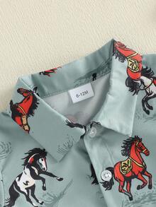 Baby Boys Western Shirts Short Sleeve Horse/Boots Print Button Down Shirts Toddler Summer Tops - Màu xanh lam - Xem 4
