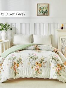 1pc Floral Botanical Pattern Print Polyester Duvet Cover With Pompom Tassels, Modern Cottagecore Soft& Breathable Duvet Cover Only For All Seasons, Queen, King ( Without Filler ) - Multicolor - View 1