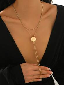 1pc Women's Y-Shaped Necklace, Fashion Minimalist Round Snake Chain, Geometric Circle Decor Long Sweater Chain, Suitable For Casual, Party, Holiday Wear - Gold - View 5