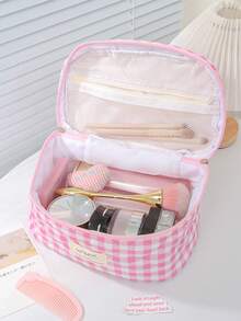 Túi đựng mỹ phẩm họa tiết kẻ ô màu hồng, túi đựng đồ đa năng, bộ túi đựng mỹ phẩm dung tích lớn, túi đựng mỹ phẩm in họa tiết caro dễ thương, túi đựng cọ trang điểm, giỏ đựng đồ dùng văn phòng bằng vải mềm, xô đựng dụng cụ làm đẹp, túi đựng đồ chăm sóc da, túi đựng đồ vệ sinh cá nhân du lịch di động, túi đựng đồ dùng vệ sinh họa tiết kẻ sọc. - Hồng - Xem 8