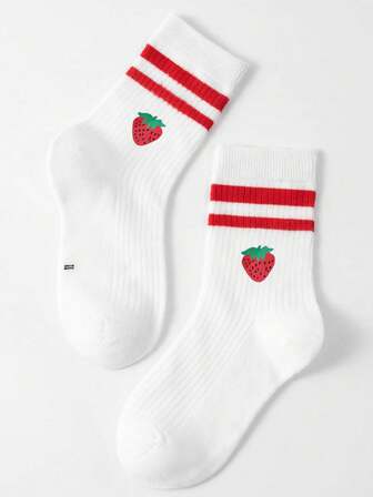 1 par de calcetines para niños, con patrón de letras de cereza, para niños y niñas, de uso sencillo y deportivo, de media caña, para las cuatro estaciones.