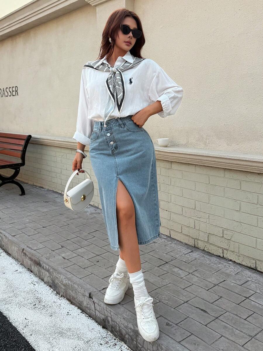 Falda casual de línea A con cintura alta, botones y abertura asimétrica, estilo elegante para mujer - Azul - Ver 1