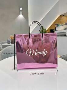 Personalized Holographic Gift Bag, Customizable Name Text, Multi-Color Glitter, Personalized Valentine's Day Gift Packaging Bag, Available In Pink, Purple, Blue, Green, Teal, Suitable For Weddings, Birthdays, Parties, Durable Plastic Tote Bag With Name Tag - Multicolor - View 7