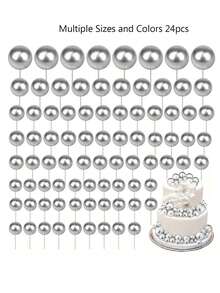 50/66/108/120个彩色泡沫球蛋糕装饰，球形蛋糕插牌，烘焙装饰，适用于婚礼、周年纪念、生日、圣诞节、万圣节、感恩节等场合（黑色、银色、白色、金色），DIY蛋糕装饰用品 - 銀色 - 查看 13