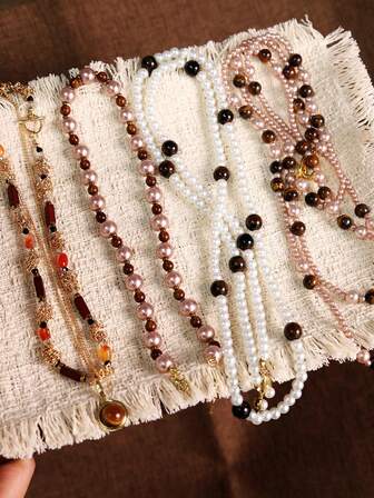 复古优雅精致时尚百搭虎眼石吊坠项链，珍珠虎眼石长项链毛衣链，适合日常佩戴和聚会，时尚配饰，闺蜜礼物