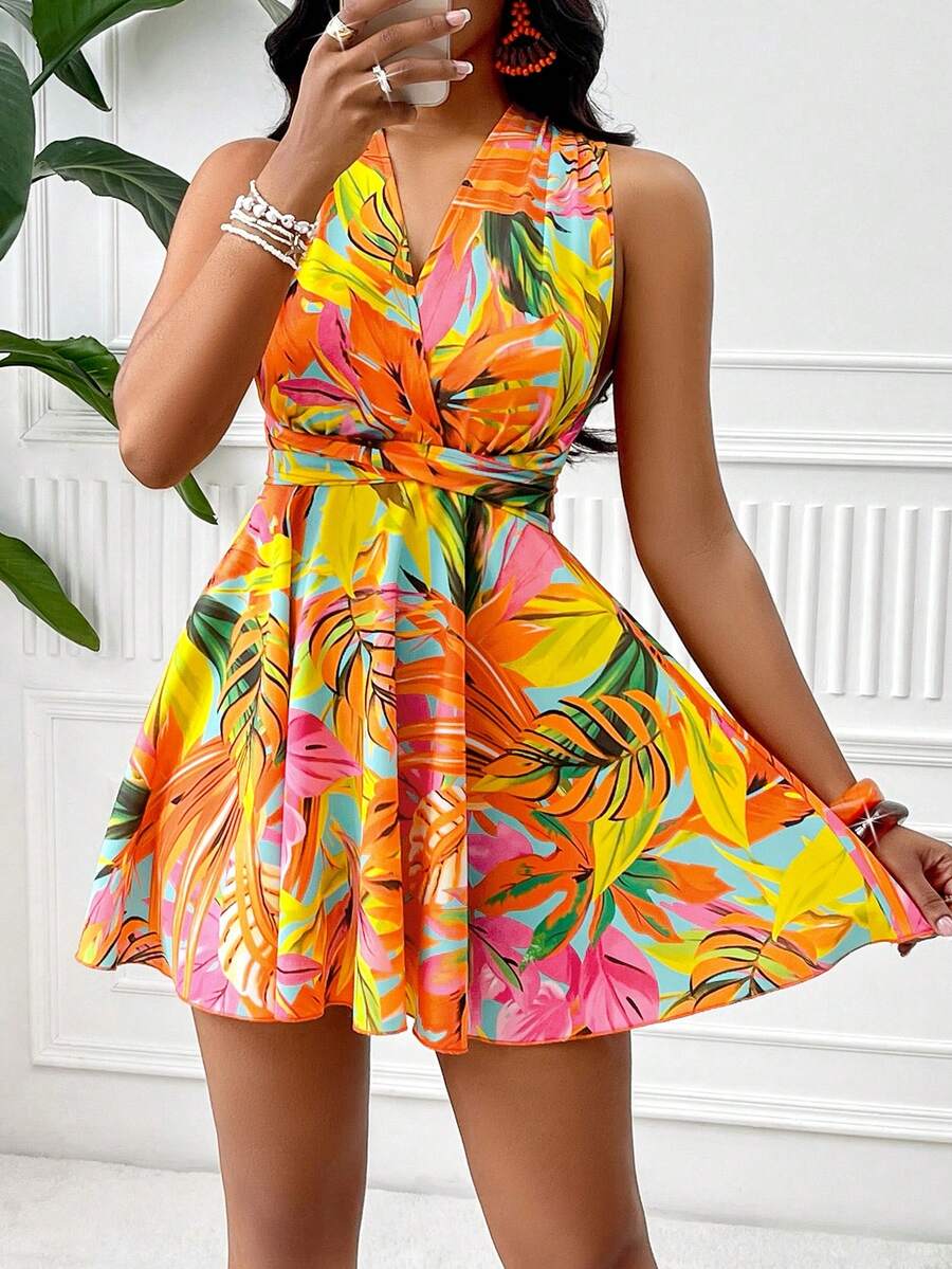 AIJ Amarilo Women's Tropical Leaf Print Sleeveless V Neck Fit & Flare Mini Dress – Ideal For Spring Break Carnival Costume, Brunch, Beach Vacation & Casual Daily Wear - Orange - View 1