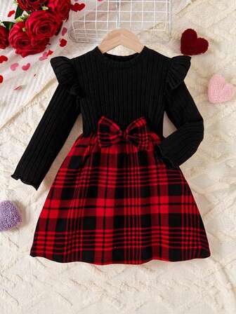 Young Girls Valentine's Day Bow Decor Long Sleeve Round Neck Dress