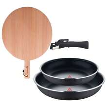 Bergner Click&Cook Juego de 2 Sartenes Ø22Ø26cm Aluminio prensado negro con Mango desmontable+Tabla de corte Redonda de 38x28x1,5cm en madera de haya - Negro 1 - Ver 1