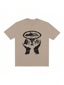 Camiseta Masculina Streetwear Estampada MÃOS Camisa Básica 100% Algodão - Bege - Visão 2