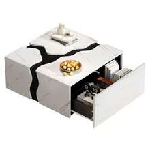 Living Room Coffee Table, 70 X 70 X 31 Cm, Cube-Shaped Geometric Design, Side Table With Drawer, Table With Marble Veneer In A Unique Shape, Coffee Table, Storage Table, Game Table - White - View 9