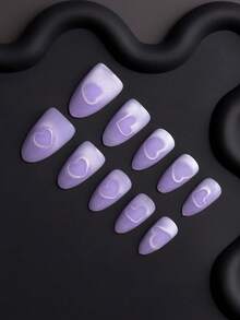 24片心形紫色猫眼美甲贴纸，中号杏仁形按压式亚克力美甲，可重复使用，全覆盖，简约可爱风格，光滑表面，适合女性和女孩日常佩戴，情人节按压式美甲美甲用品。 - 淡紫色 - 查看 3