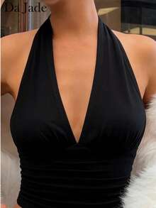 Da Jade Women's Solid Color Fashionable V-Neck Fitted Backless Cropped Tank Top - Black - View 4