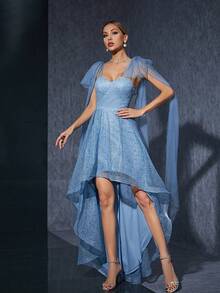 Butterfly Mesh Strappy Embroidered Lace Front-Short Back-Long Flared Midi Dress - Blue - View 5