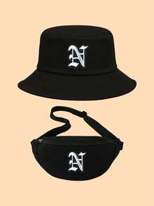 2pcs Kids Black Greek Alphabet Bucket Hat Set, Fashionable Personalized Sun Protection Hat, Compact Lightweight Versatile Packable, Practical Gift For Children, Suitable For Boys & Girls In All Seasons For Picnic, Daily Outdoor, Hiking, Fishing, Travel, School - Black - View 22