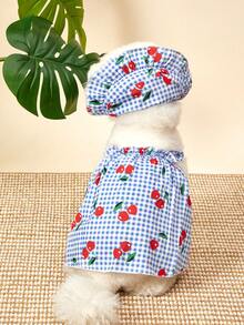 PETSIN Kitten & Puppy, Classic Blue Plaid With Cherry Print Hooded Dog Dress Set - Blue - View 9