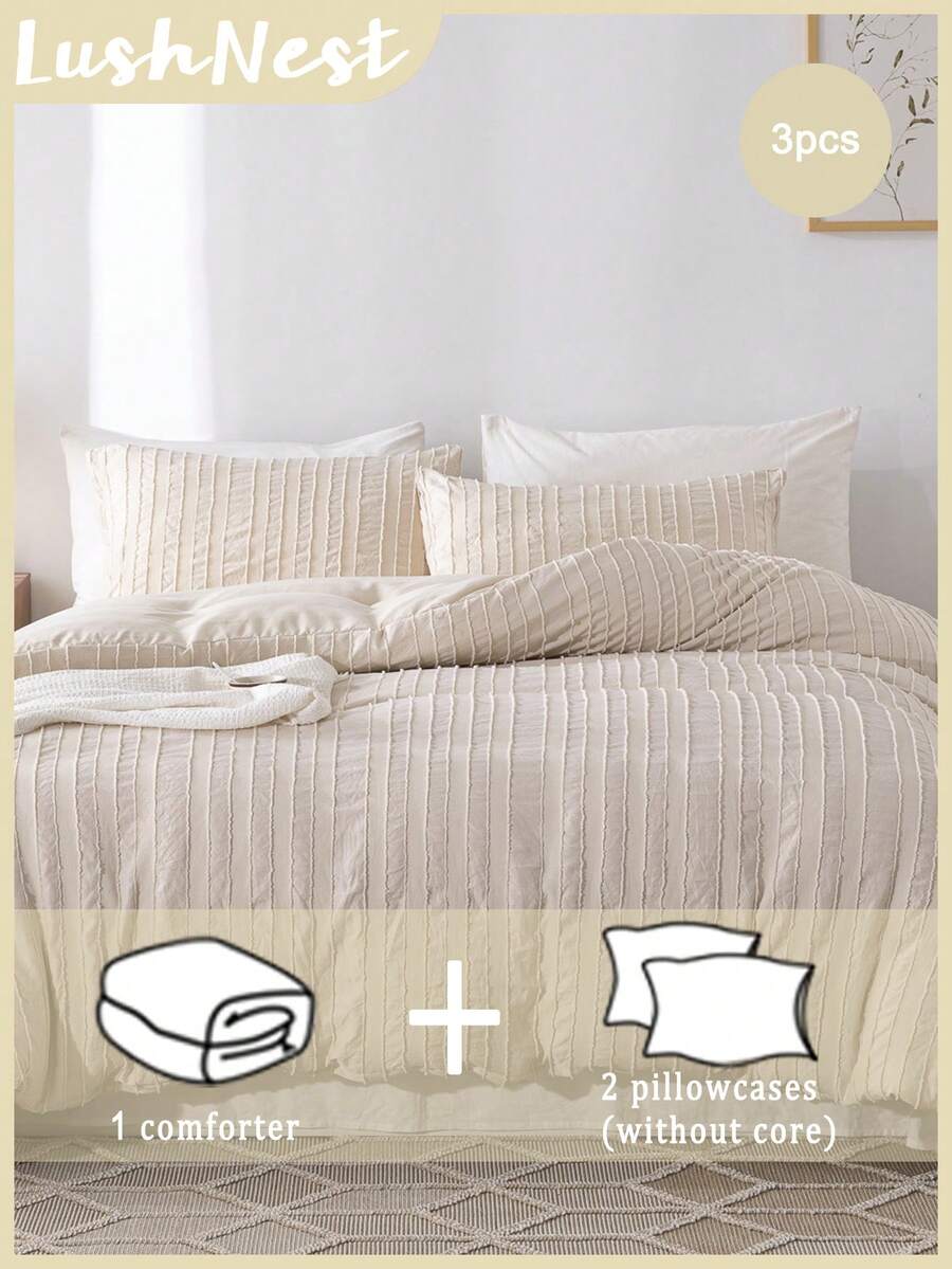 3件套纯色簇绒波西米亚风被套套装（1条被子+2个枕套）柔软亲肤涤纶室内卧室被子套装，农舍复古风床上用品，宿舍装饰，美观床上用品，热门家纺 - 淺卡其色 - 查看 1