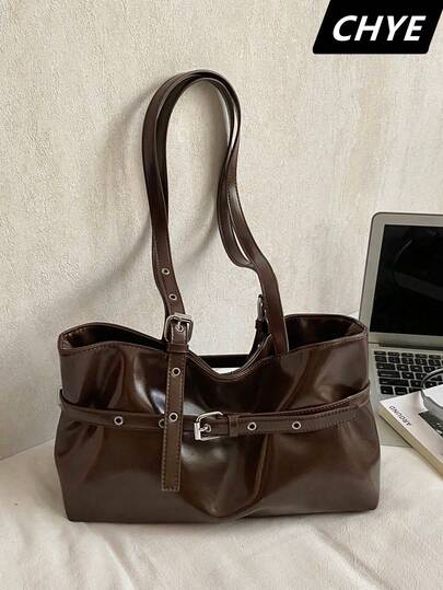 1个女士PU皮革时尚高端单肩手提包/托特包，搭扣设计，大容量，耐刮耐磨，适合购物、通勤、工作、约会、日常旅行，纯色，适合女性、职场新人、白领、大学生