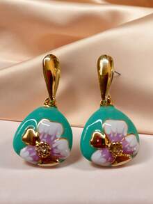 ZHIXUN 1 Pair Of Retro Bohemian Style Fashionable Elegant Flower Patterns Earrings, New Enamel Drop Flower Design, Suitable For Daily Matching And Gatherings - Earring 1 - View 4