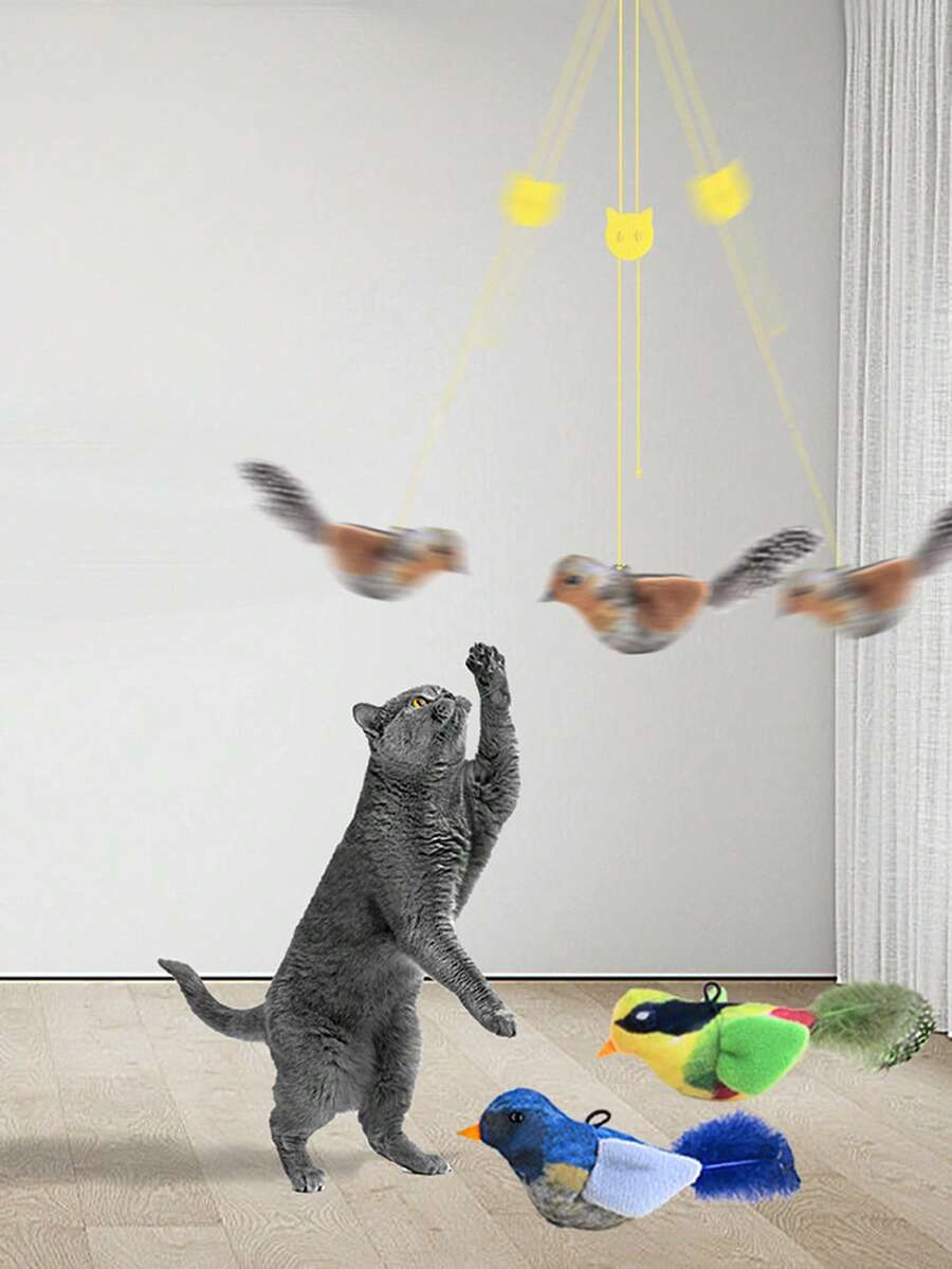 Giocattolo realistico per gatti a forma di uccello che cinguetta, giocattolo da appendere con piume resistente ai morsi, che si autoattiva, senza batterie richieste - Multicolore - Visualizzare 1