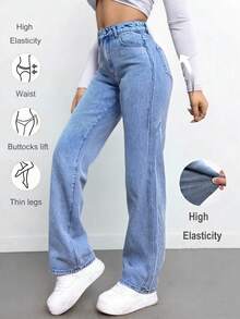 Jeans de Tiro Alto para Mujer - Pantalones de Campana de Denim Elástico Azul Elegante con Diseño Clásico de Cinco Bolsillos, Tejido de Poliéster Cómodo para Uso Diario - Neblina azul - Ver 3