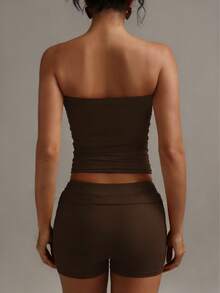 XLLAIS 性感无肩带基础款背心，时尚纯色弹力修身棕色抹胸上衣，四季皆宜。