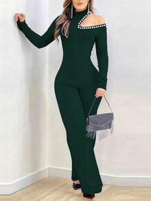 Bộ jumpsuit dài tay màu đen thanh lịch, gợi cảm, hở vai, đính ngọc trai, thích hợp cho các buổi hẹn hò hàng ngày, tiệc tùng, tụ họp bạn bè và mặc vào mùa xuân. Chất liệu vải pha polyester, có thể giặt máy. - Màu xanh lá cây đậm - Xem 3