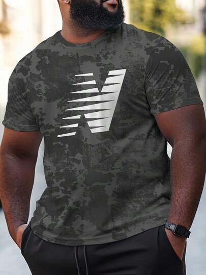 Plus Size Men's Fashionable Ombre Print Casual Round Neck Short Sleeve Sports T-Shirt, Versatile & Comfortable, Spring/Summer Couple Sportswear