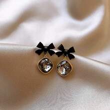 One Pair, Elegant Square Crystal Earrings Paired With Black Bows, Metal Fashion Jewelry, Versatile Party Gifts, Perfect For Christmas And Birthday Presents, Home And Kitchen Decorations - Multicolor - View 8