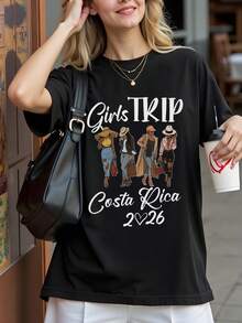 Camiseta de manga corta con cuello redondo de estilo casual y vacacional en talla grande, con estampado de chica 2026 - Suave y transpirable, adecuada para camisetas casuales de verano y primavera - Ropa regular de mujer de talla grande, camiseta estampada para mujer - Negro - Ver 3