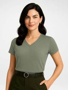 Set Of 3 Women's Basic Casual V-Neck Blouses, 100% Cotton - Size G00 - 彩色 - 查看 5