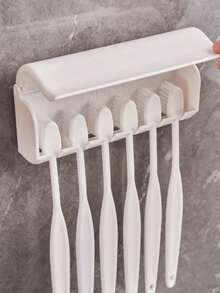 1pc All-In-One Toothbrush Holder With Cover, Wall-Mounted Toothbrush & Toothpaste Organizer, 2/5/6 Slots Self-Adhesive Bathroom Storage Rack, Suitable For Home Bathroom And Dorm - Multicolor - View 14