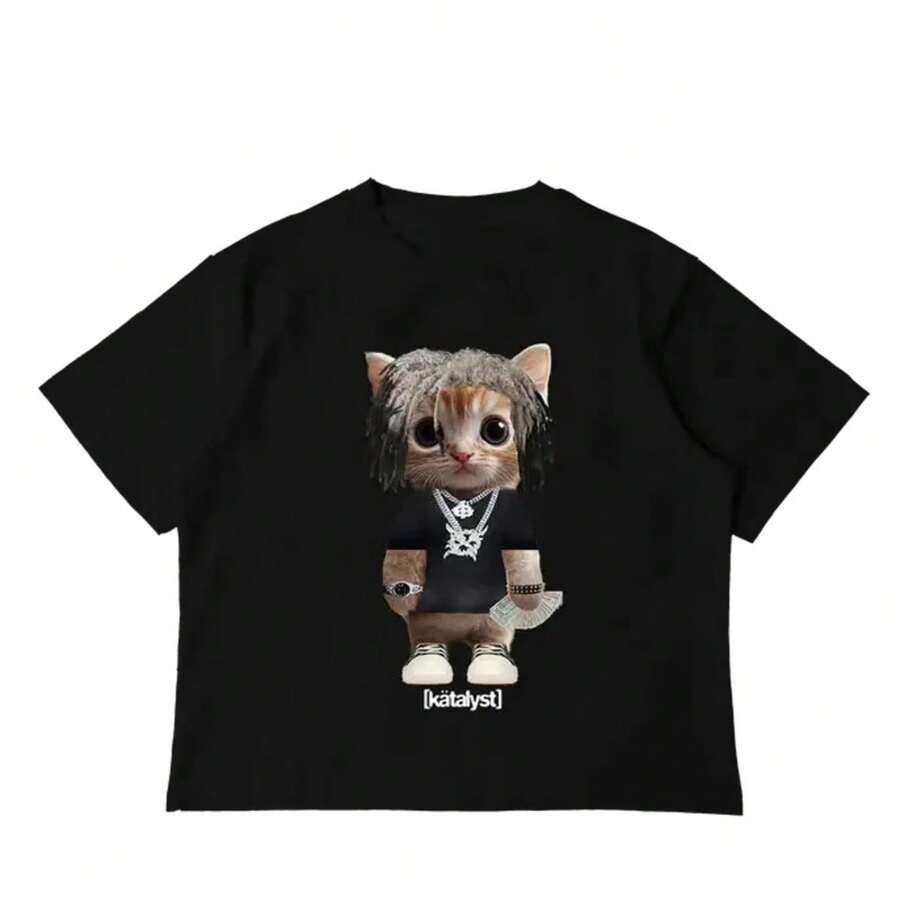 Men's Pure Cotton T-Shirt, Pure Cotton Top Ken Carson Kitty Shirt Y2k T-Shirt - màu đen - Xem 1
