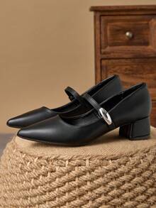 MonaNise Retro Mary Jane Pumps, Pointed Toe, Slip-On, Casual, Versatile, High-End, Coffee Color, Suitable For Vacation, Travel, Shopping, Outdoor - 黑色 - 查看 5