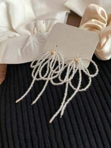 1 par de nuevos pendientes elegantes de lazo con cuentas largas, estilo simple y dulce romántico, adecuado para uso diario de mujeres, regalo - Arco - Ver 1