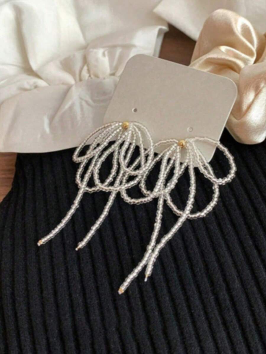 1 par de nuevos pendientes elegantes de lazo con cuentas largas, estilo simple y dulce romántico, adecuado para uso diario de mujeres, regalo - Arco - Ver 1